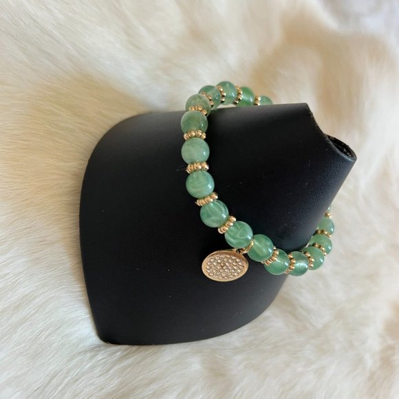 BOho Stretch Bracelet Green Swirl Semi Translucent Lucite Rhinestone Charm 13428 - Picture 2 of 9